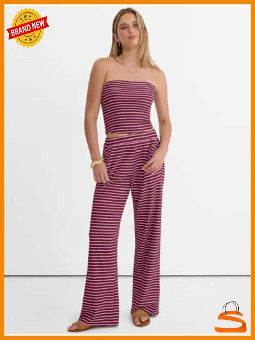 Women 2 Piece Sets Summer Striped Matching Tube Top Wide Leg Lounge Pants